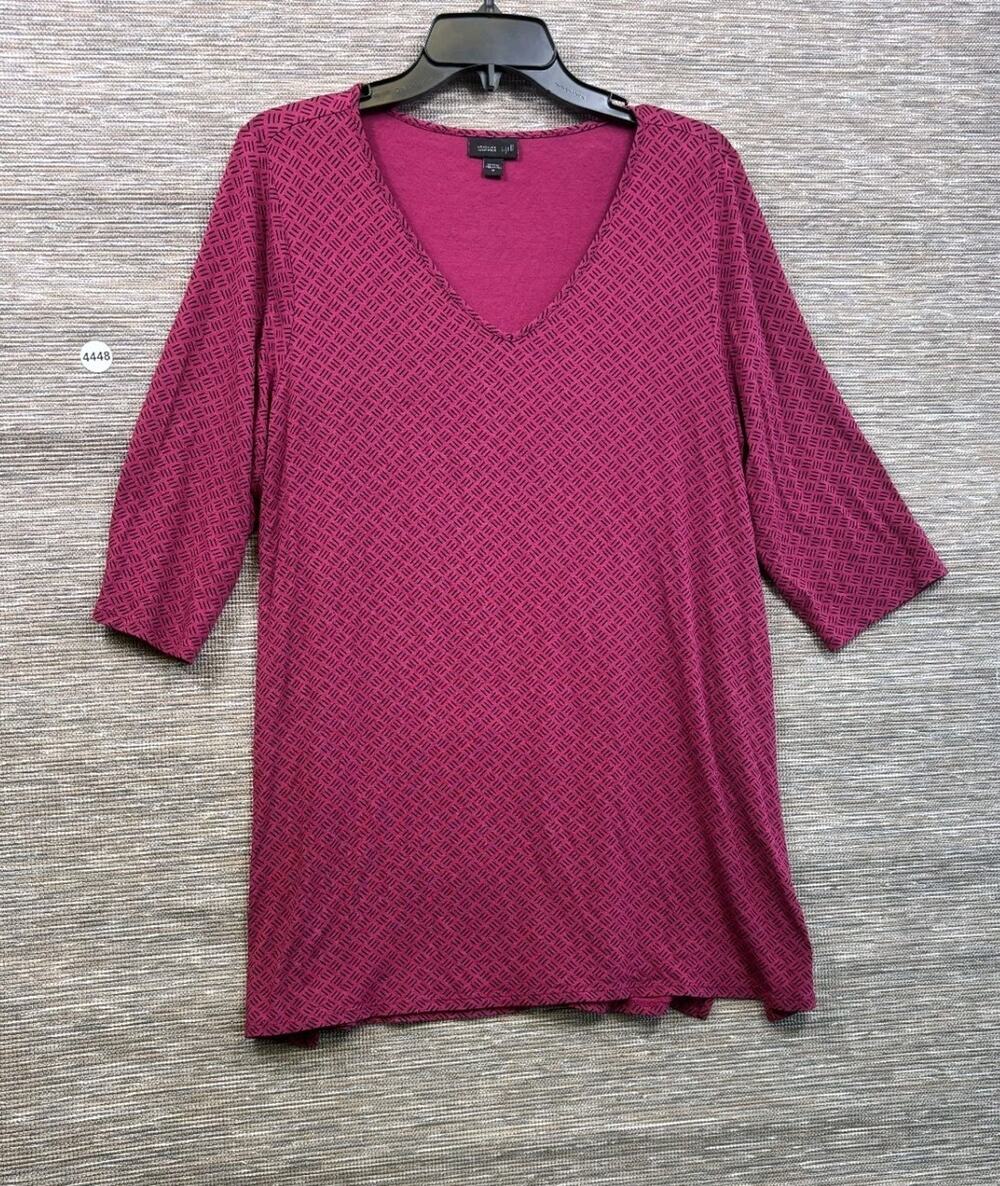 J Jill Wearever Shirt Womens Size M Pink Geometric V-Neck 3/4 Sleeve Tunic Top